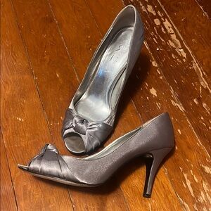 Silver Satin Peep-Toe Heels